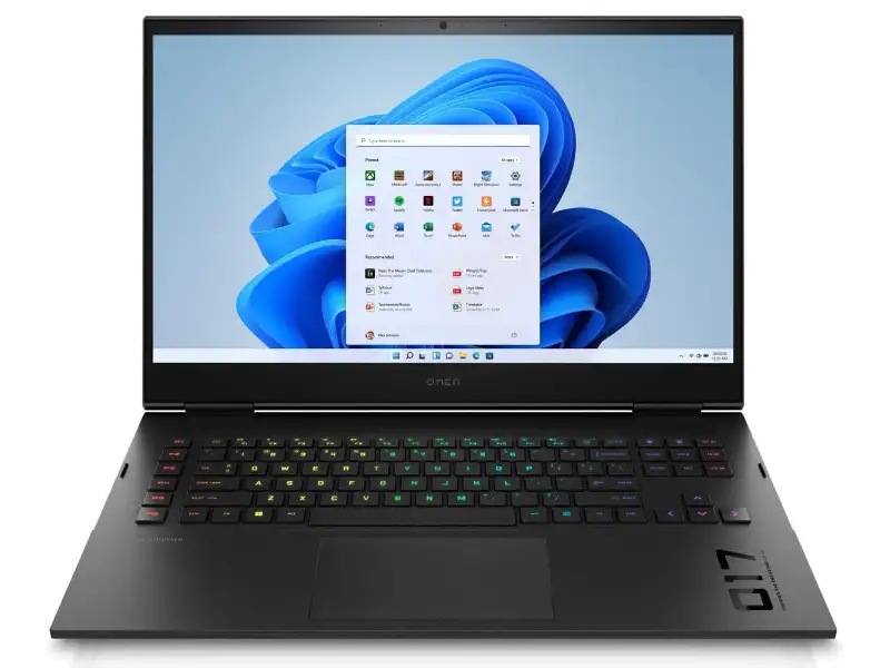 HP Omen 17 visto desde el frente con la pantalla de inicio de Windows 11.