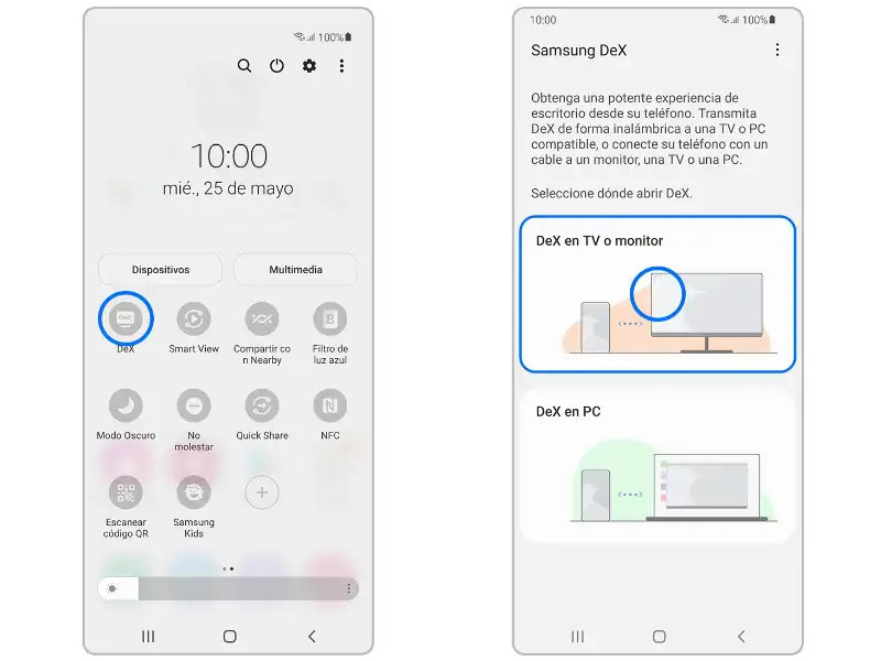 Capturas de Samsung DEX con su interfaz en un smartphone.
