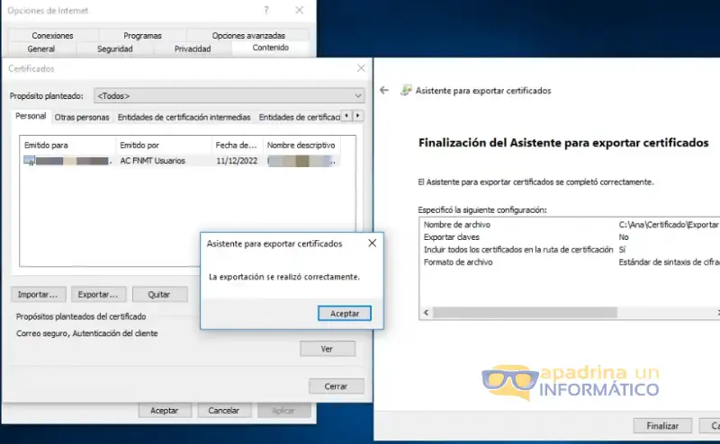 Pantallas de configuración de Windows del certificado digital