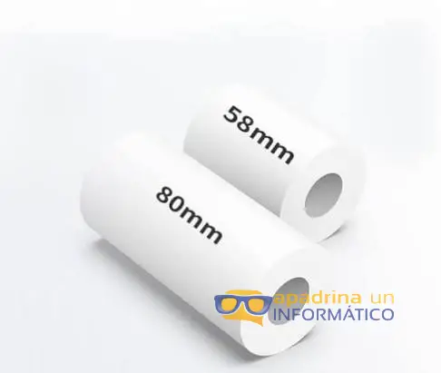 Comparación del ancho de un rollo de papel térmico de 58 mm y otro de 80 mm