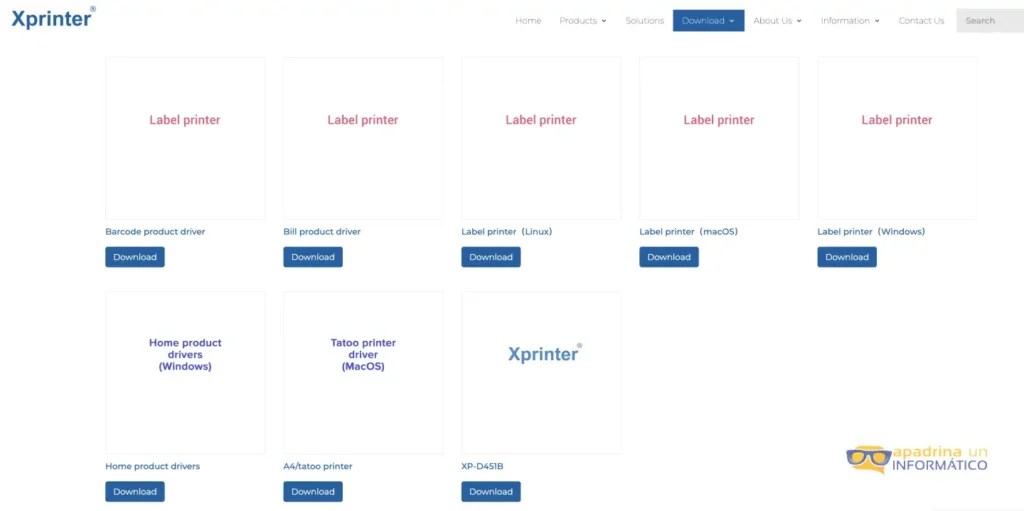 Página oficial de descargas de Xprinter con los paquetes separados por familia de producto
